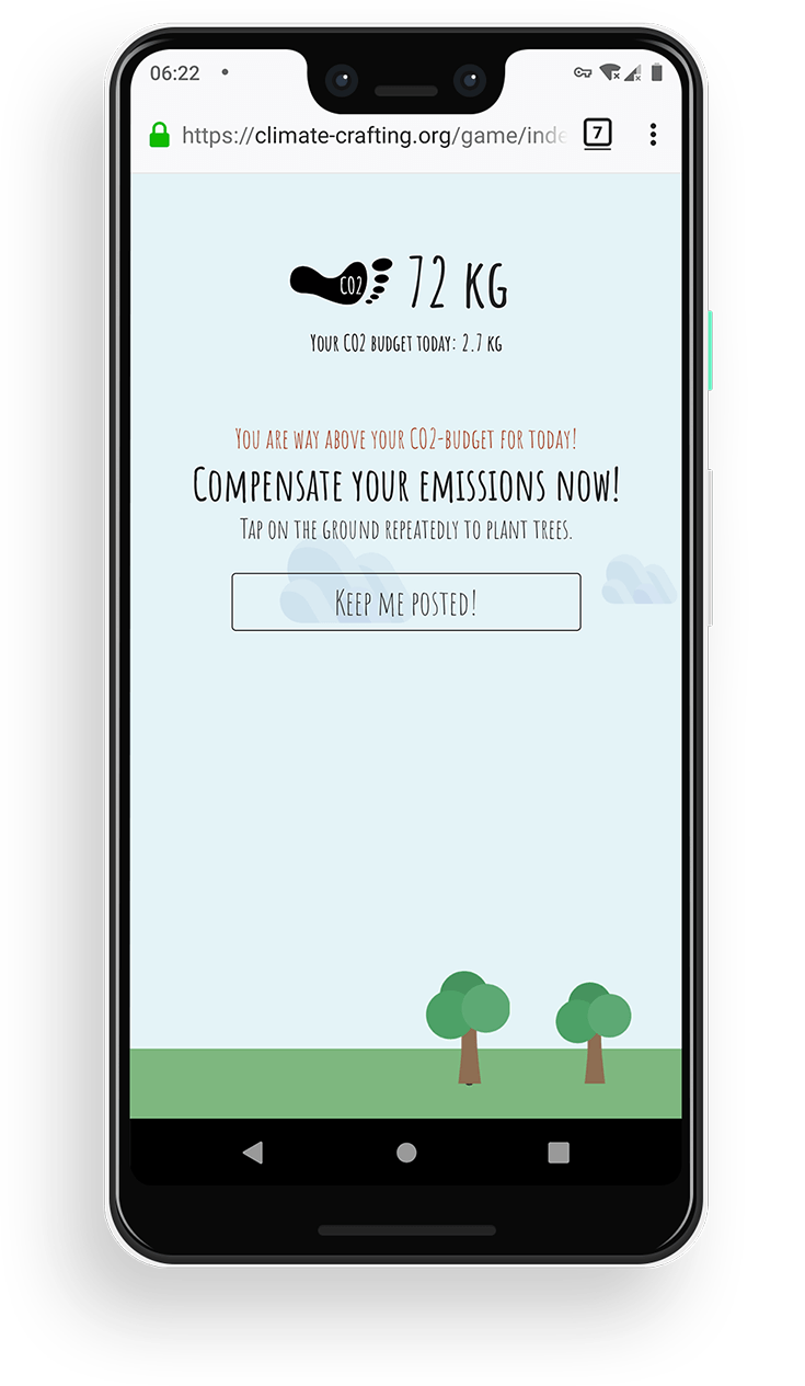 CO2-Tracking-Game: Smartphone-Screenshot, der ein Spiel zeigt, auf dem man seine verursachten CO2-Emissionen durch das Pflanzen von Bäumen kompensieren kann.